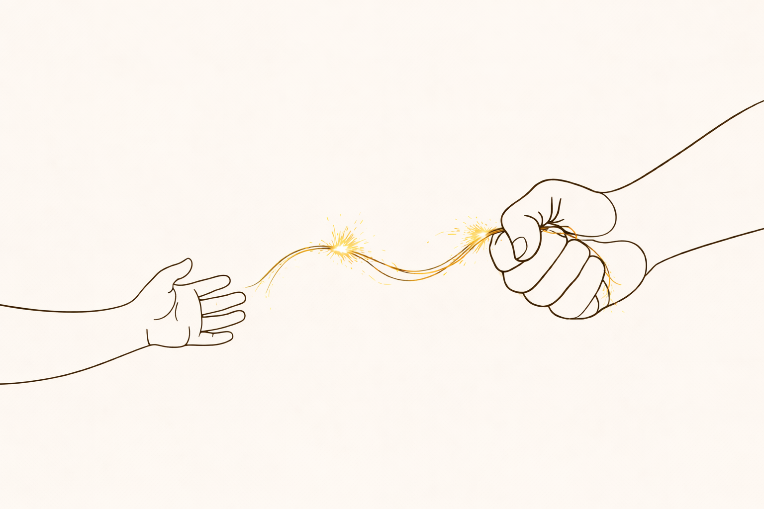 Una mano aperta lascia andare un filo di luce dorata verso la mano di un adulto