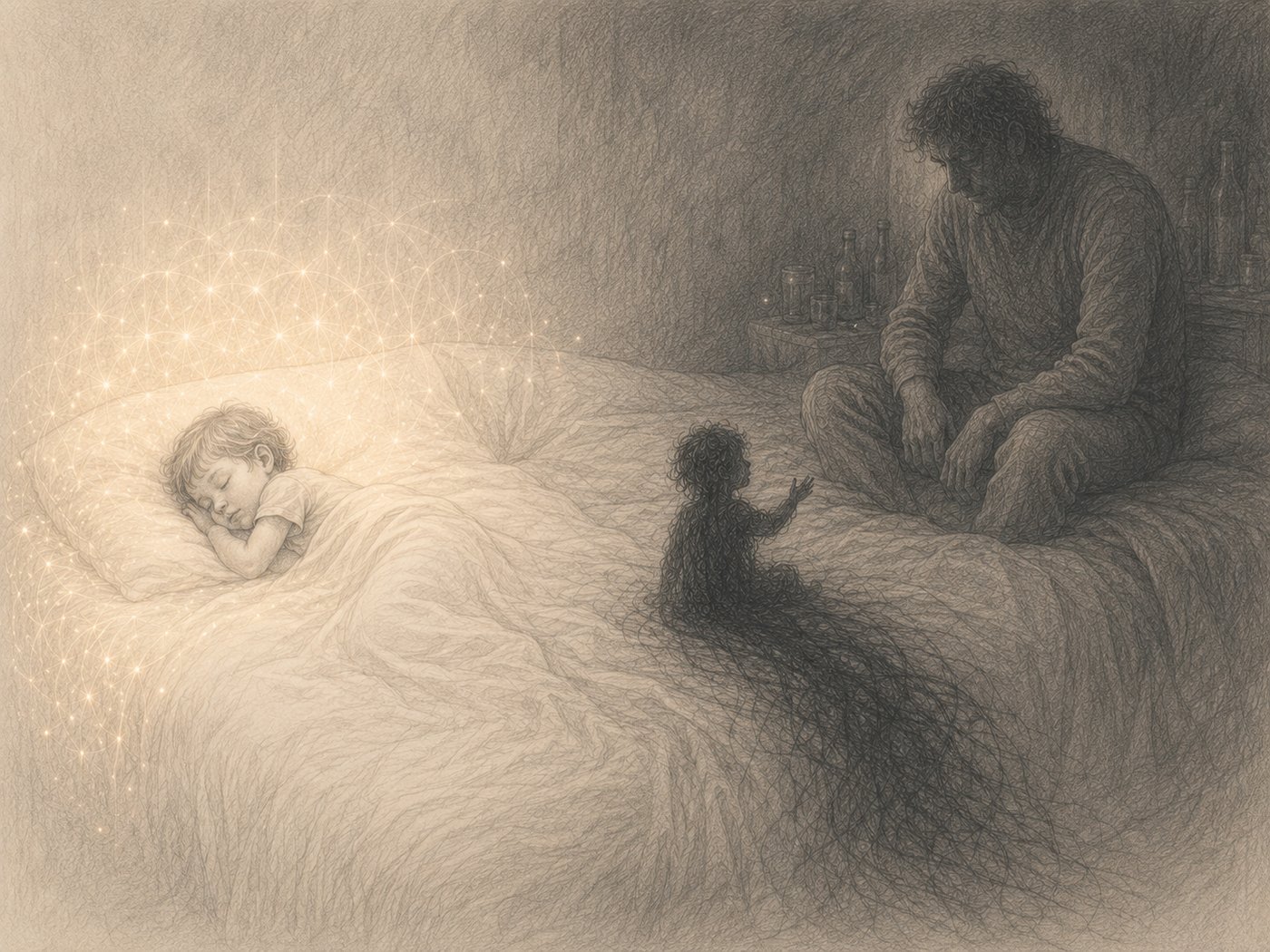 Little Solomon J. sleeps wrapped in golden light while his shadow speaks with the giant figure of his father in the dark