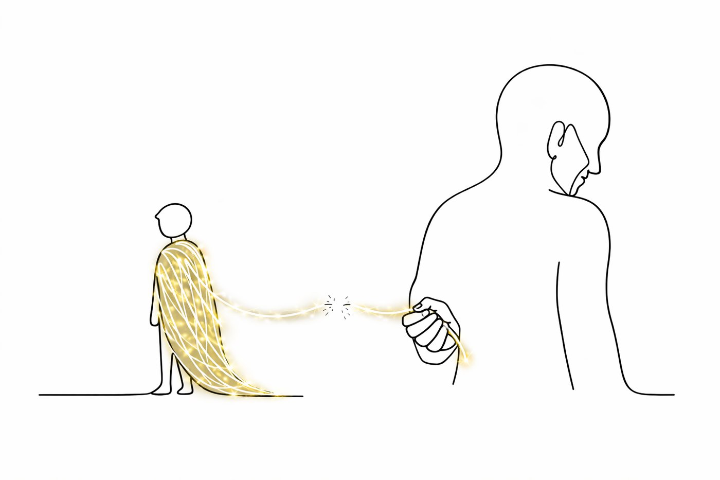 Illustrazione: un bambino avvolto da una copertina di luce dorata di fronte alla figura del padre che tiene un filo luminoso spezzato