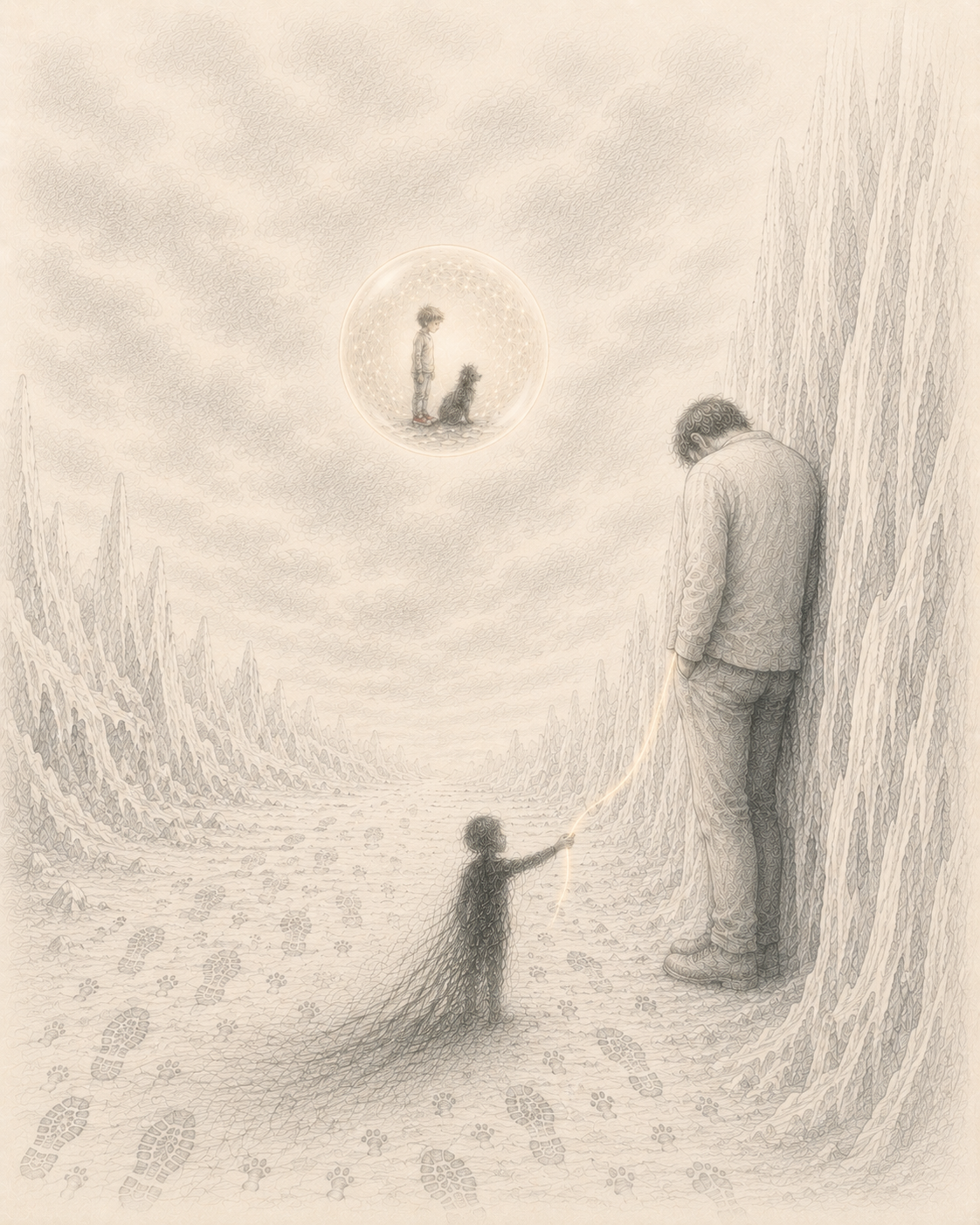Il piccolo Solomon J. con la sua cagnolina Layla dentro una bolla sopra il ghiacciaio dell'Alcolà, mentre la sua ombra porge un filo di luce al gigante appoggiato alla parete di ghiaccio