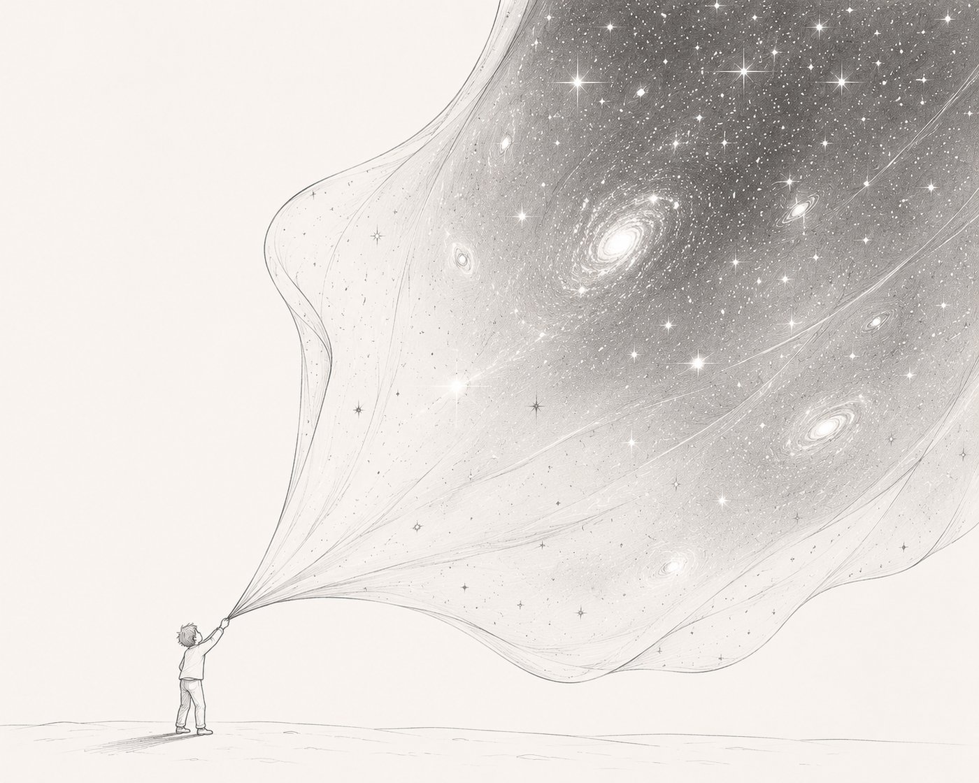 Un bambino tiene tra le mani un grande telo di cielo stellato